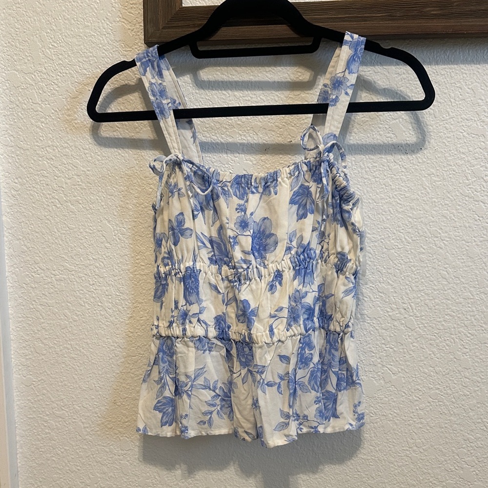 Blue Floral Sleeveless Women's Blouse